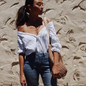 Off Shoulder Blue Striped Blouse Women 2017 Summer Fold Long Sleeve Blouses Shirt Women Elegant Tops Blusas Female