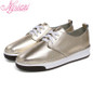 Nysiani Gold Split Leather Women Loafers 2017 Spring Shoes Round Toe Patent Leather Breathable Lace Up Leather Women Flat Shoe