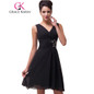 Grace Karin Black Prom Dress 2017 Sexy V-neck Knee length Chiffon Short Prom Gowns Ruching Party Gown Special Occasion Dresses