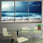 Canvas Wall Art Pictures 3 Pieces Blue Waves Sunshine Dark Cloud Seaview Painting Poster