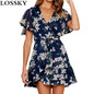 LOSSKY Elegant Floral Print Mini Dress Casual V Neck Ruffles Short Sleeve Sashes Chiffon Dress Women Summer Beach Dress Vestidos
