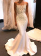 White Mermaid Satin Strapless Sleeveless Appliques Wedding Dress