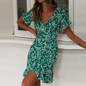 Women Dresses Summer Sexy V Neck Floral Print Boho Beach Dress Ruffle Short Sleeve A Line Mini Dress Sundress
