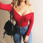 Off Shoulder Strapless Skinny Bodysuits V-Neck Long Sleeve Button Sexy Romper