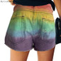 Women Fashion Sexy Rainbow Straight Slim Denim Shorts Vintage Mid Waist Ripped Tassel Casual Short Jeans Streetwear