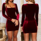 Sexy Women Velvet Dress Vintage Square Collar Long Sleeve Mini Dress Elegant Bodycon Party Dress