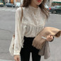 New Elegant Lace Stand Collar Blouse Shirt Sexy Hollow Out Floral Embroidery Feminine Blouses