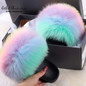 Real Fox Fur Women' Fox Fur Slippers Beautiful Fluffy Slides Home Plush Furry Rainbow Slippers Colorful Shoes Summer Flip Flops