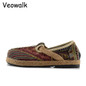 Veowalk Brown Cotton Embroidered Women Casual Linen Loafers