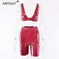 Articat Pu Leather Sexy Rompers Womens Jumpsuit Two Piece Sleeveless Crop Top Women Short Bodycon Playsuit Party Club Overalls
