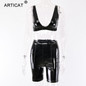 Articat Pu Leather Sexy Rompers Womens Jumpsuit Two Piece Sleeveless Crop Top Women Short Bodycon Playsuit Party Club Overalls