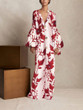 V Collar Long-Sleeved Printing Loose Casual Maxi Dress
