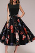 Round Neck  Bowknot Patchwork  Floral Printed Skater Dress