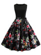Round Neck  Bowknot Patchwork  Floral Printed Skater Dress