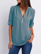 V Neck  Zipper  Patchwork Plain Blouses