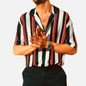 Mens Stripe Turn-down Collar Shirt Buttons Short Sleeve T-Shirt