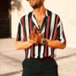 Mens Stripe Turn-down Collar Shirt Buttons Short Sleeve T-Shirt