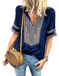 Women Casual Shirt V Neck Half Sleeve Stripes Boho Print Tops Blouse