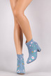 Denim Embroidered Floral Vines Chunky Heeled Booties