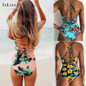 2019 Sexy One Piece Swimsuit Women Swimwear Print Bodysuit Crochet Bandage Cut Out Beach Wear Bathing Suit Monokini Swimsuit XL