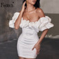 Feditch Satin Ruffles Sleeve 2020 Summer Dress Backless Strapless Bodycon White Dress Short Sexy Party Dress Nightclub Vestidos