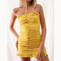 Feditch Summer Sexy Ruffles Dress Women Backless Strapless Sleeveless Ruched Dresses Yellow With Zipper Party Bodycon Vestidos