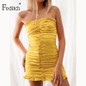 Feditch Summer Sexy Ruffles Dress Women Backless Strapless Sleeveless Ruched Dresses Yellow With Zipper Party Bodycon Vestidos