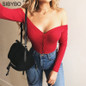 Sibybo Off Shoulder Strapless Skinny Women Bodysuits V-Neck Long Sleeve Button Sexy Romper Women Autumn Winter Bodysuit Jumpsuit