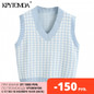 KPYTOMOA Women 2020 Fashion Houndstooth Loose Knitted Vest Sweater V Neck Sleeveless Side Vents Female Waistcoat Chic Tops