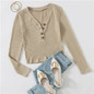 SHEIN Buttoned Placket V neck Rib Knitted Tee Women Autumn Tops Long Sleeve Solid Slim Fitted Casual T-shirts