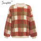Simplee Casual lambswool plaid women hoodies sweatshirts O neck pullover loose female sweatshirt Autumn winter ladies warm coat