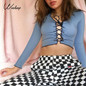 Weekeep Sexy Hollow Out Lace Up Autumn T-shirt Streetwear Long Sleeve Cropped Top Women Fashion Club Skinny Tee Shirts Harajuku