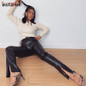 InstaHot Women Faux Leather Pant Trouser Split Flare Pants Black High Waist Skinny PU Leather Pantalones Winter 2020 Lady Capris