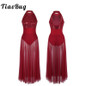 TiaoBug Women Sleeveless Halter Shiny Sequin Ballet Leotard Adult Stage Lyrical Dance Costumes Ballet Tutu Maxi Mesh Dance Dress