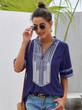 Womens Casual V Neck Shirt Embroidered Print Short/Long Sleeve Tops Loose Blouse