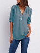 V Neck Zipper Patchwork Plain Blouse