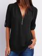 V Neck Zipper Patchwork Plain Blouse