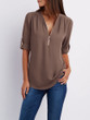 V Neck Zipper Patchwork Plain Blouse