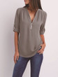 V Neck Zipper Patchwork Plain Blouse