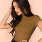 Casual Rib Knit Round Neck Slim Fit Women T-Shirt