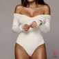Off Shoulder Ribbed Knitted Sexy Bodysuit Women Black V Neck Autumn Slim Rompers Womens Jumpsuit Winter Basic Bodysuits