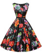 Vivid Rose Print Black and White Floral Dress With Belt