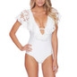 White Patchwork Lace Cut Out Backless Ruffle Deep V-neck Bikini Swimwear