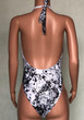 White Floral Tie Back Plunging Neckline Fashion Swimwear