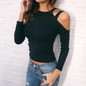 Black Midriff Cut Out Round Neck Long Sleeve Fashion T-Shirt