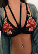 Black Flowers Embroidery Condole Belt Plunging Neckline Vest