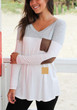 Grey Patchwork Pockets V-neck Long Sleeve Fashion T-Shirt