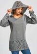 Grey Lace Patchwork Round Neck Long Sleeve Hooded Fashion T-Shirt