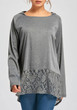 Grey Lace Patchwork Round Neck Long Sleeve Hooded Fashion T-Shirt