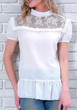 White Patchwork Ruffle Lace Band Collar Round Neck Short Sleeve Blouse